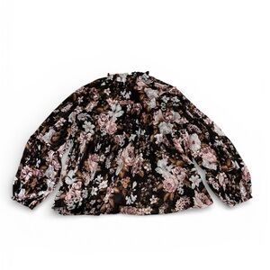 O.P.T Floral Peplum Blouse Size Medium Black Pink Long Sleeve Elastic Wrist